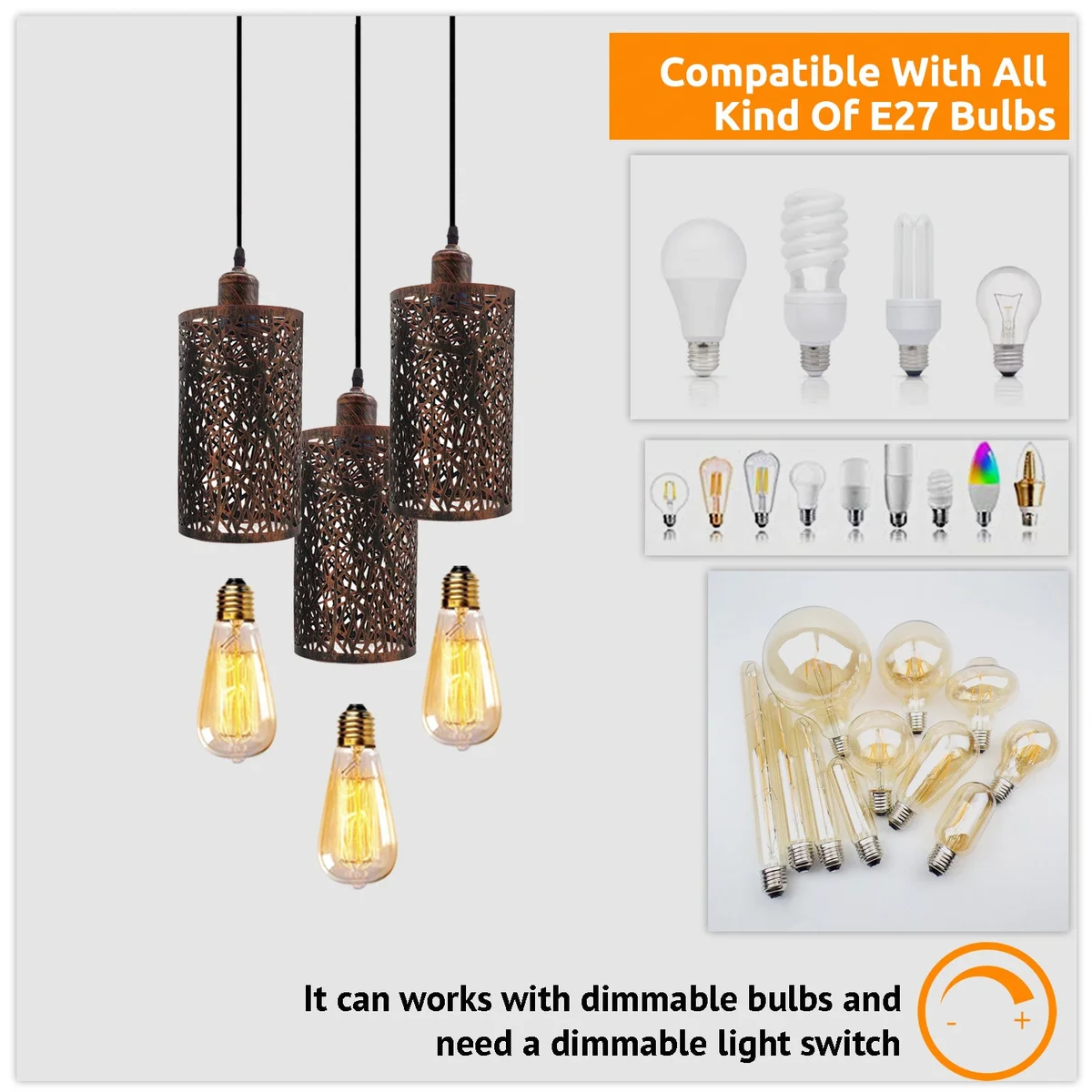 Industrial 3‑way E27 cage pendant light with metal barrel shades hanging from a brushed metal rose, adjustable 95cm cable.