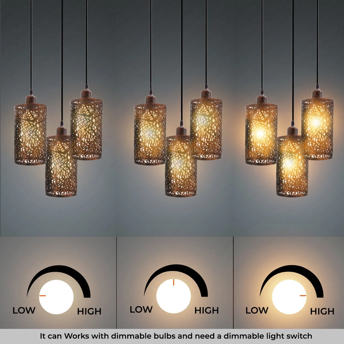 Adjustable ceiling light with three metal barrel shades hanging from a brushed metal ceiling rose.