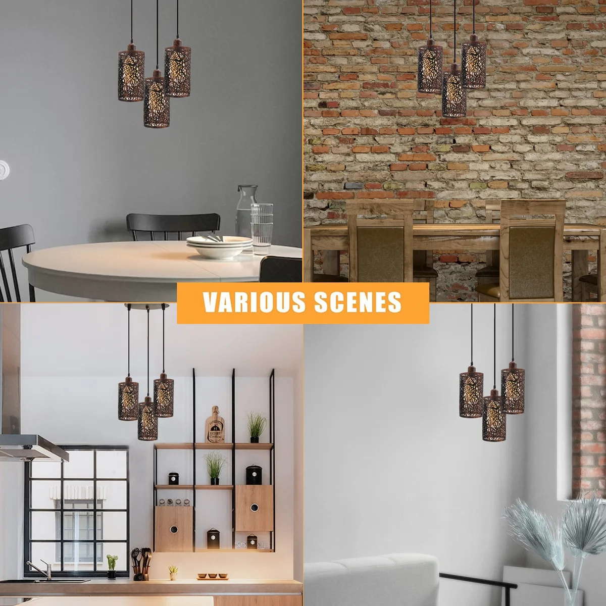 Dimmable pendant lamp with three metal barrel cage shades hanging from a brushed metal ceiling rose