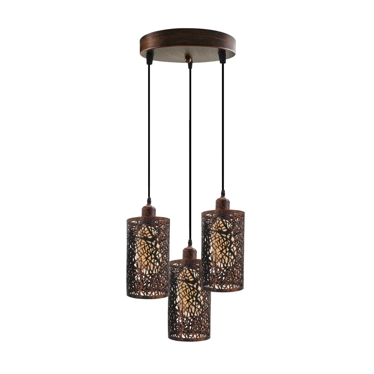 Three‑head industrial pendant light with brushed metal cage shades and 95cm adjustable cable.