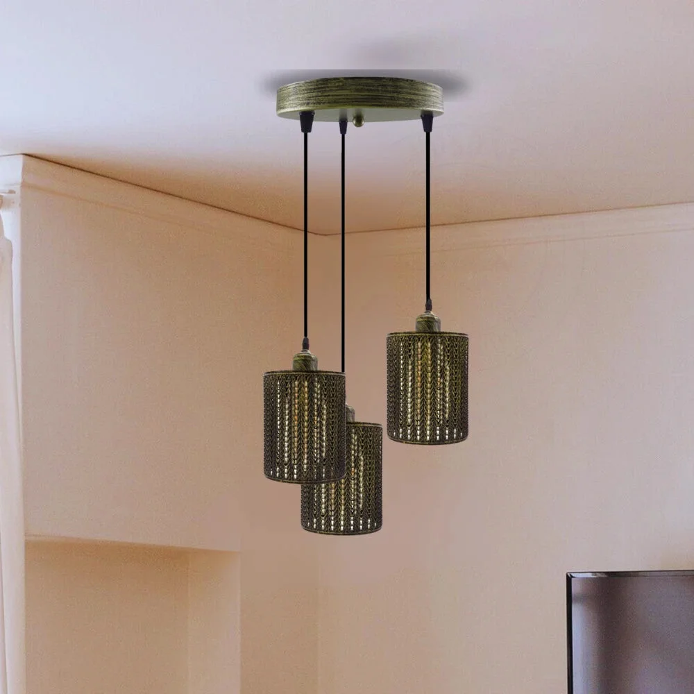 Brass three pendant light fixture, vintage style metal cages and PVC cords, three adjustable pendant holders for LED bulbs