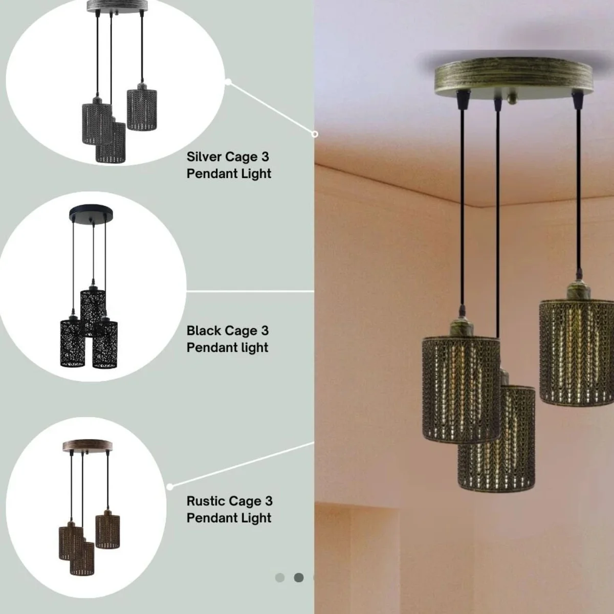 Three-brass vintage pendant lighting fixtures hanging on adjustable cable, featuring retro filament bulbs and metal cages.