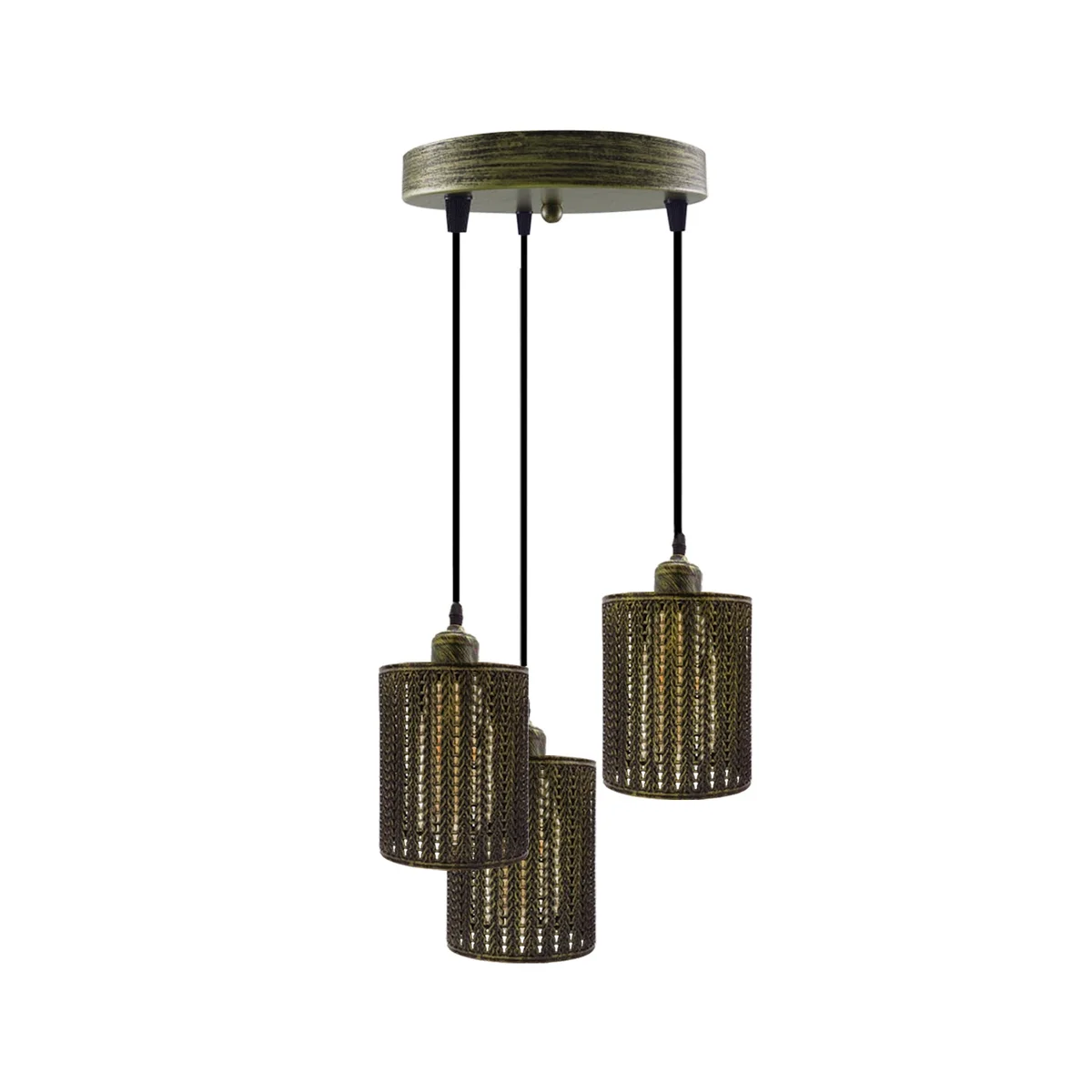 Brass vintage indoor pendant lamp set of three with PVC shades and adjustable cables, styled as retro filaments