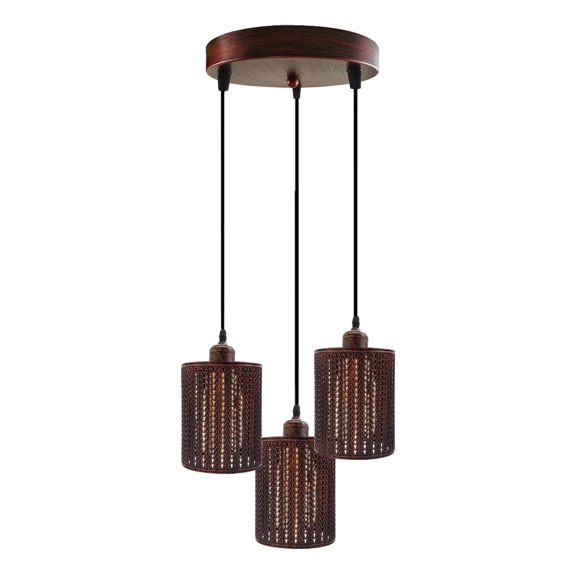 Brass metal and PVC three pendant light fixture with three hanging lamps, 95cm cords.