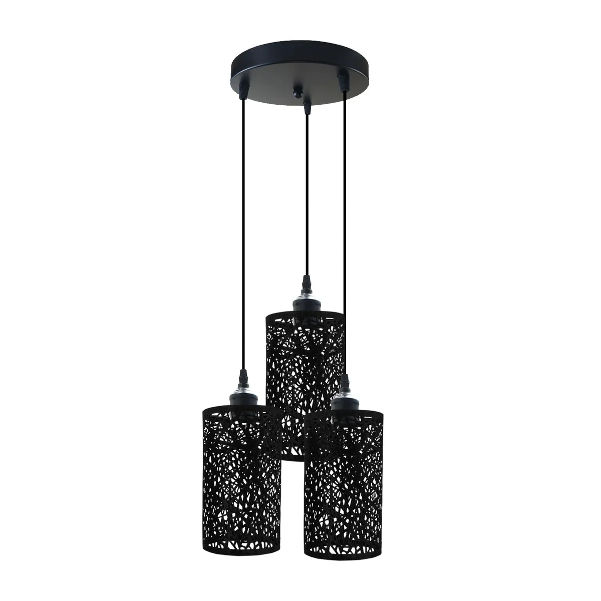 Brass three pendant light fixture with three hanging metal cages and PVC shades, adjustable 95cm cords, dimmable indoor use