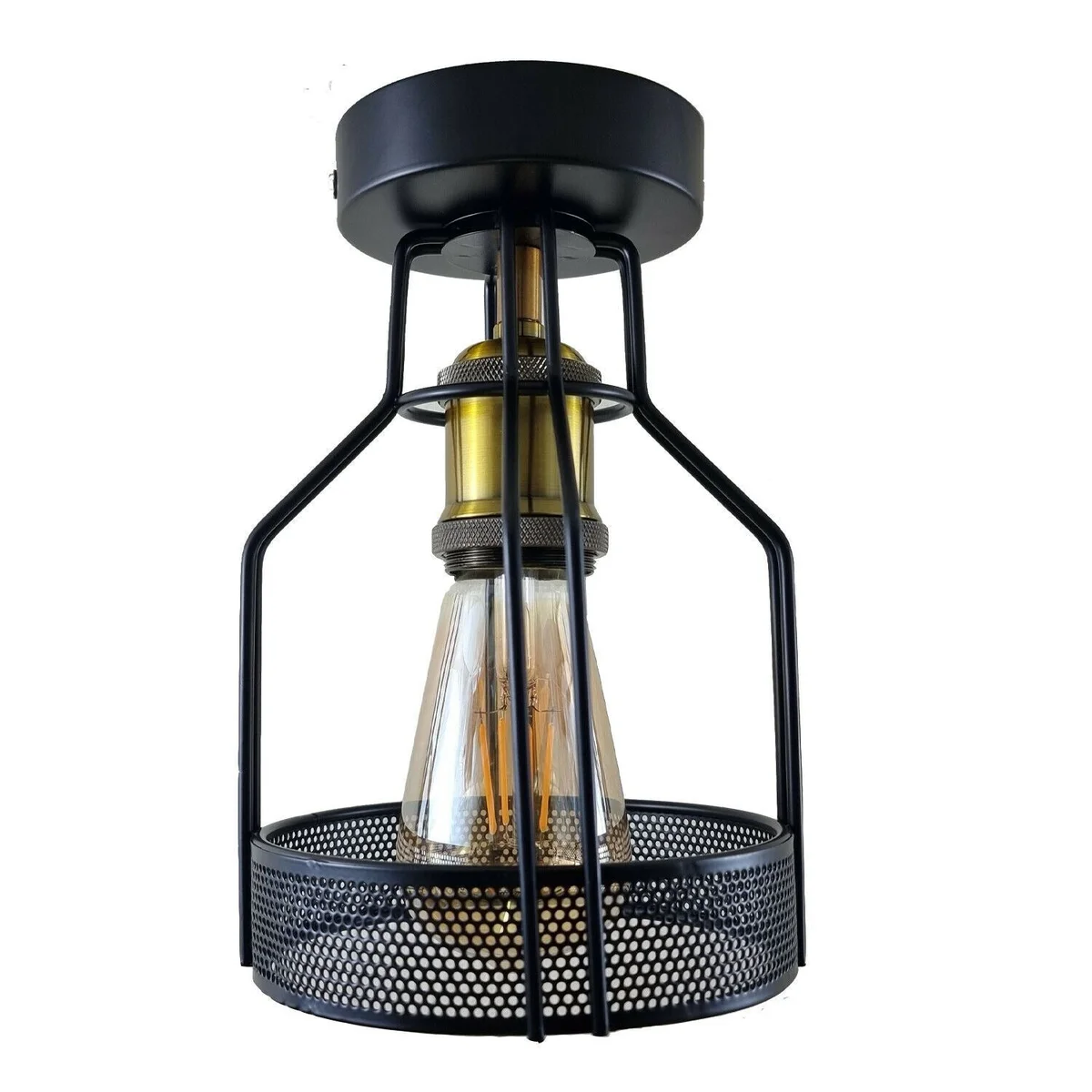 Black metal cage industrial ceiling light with E27 base, vintage semi‑flush mount design
