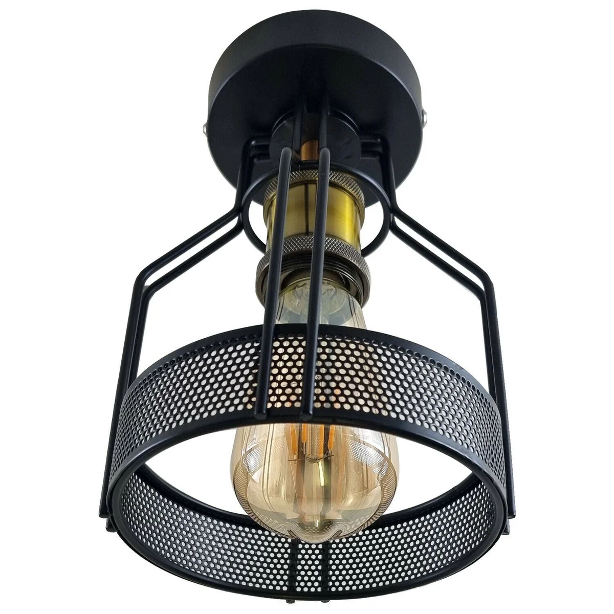 Black metal cage with 10cm × 2.5cm ceiling plate, E27 socket, assembly parts included – vintage ceiling light