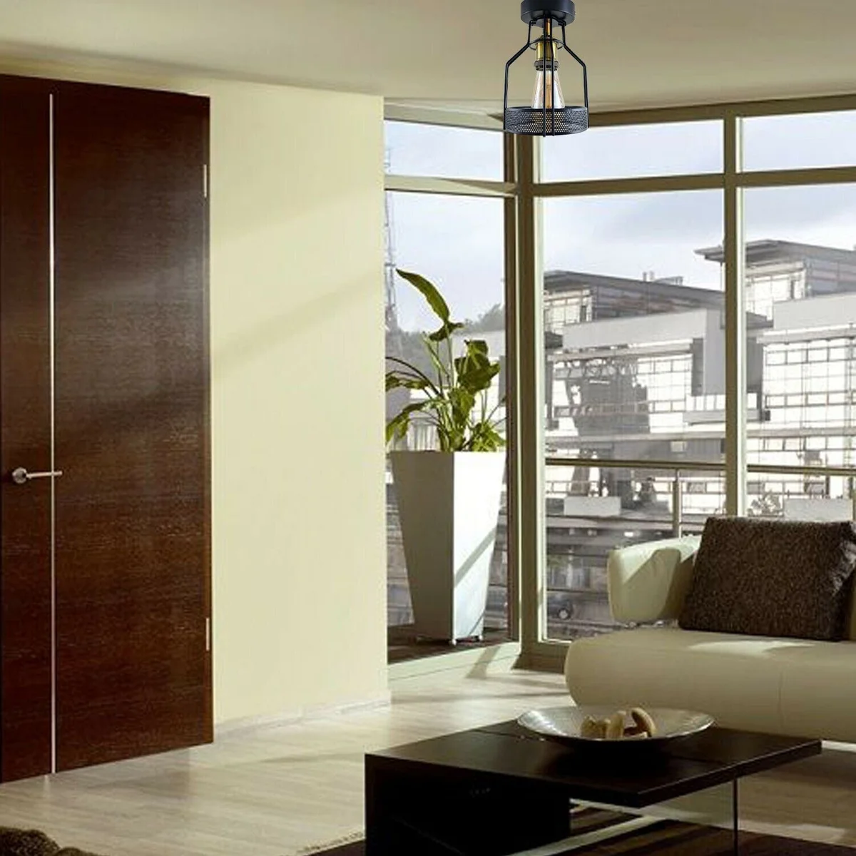 Black metal semi flush mount light with E27 base, small 1 cm shade opening, 10 cm × 2.5 cm ceiling plate, included light holder.