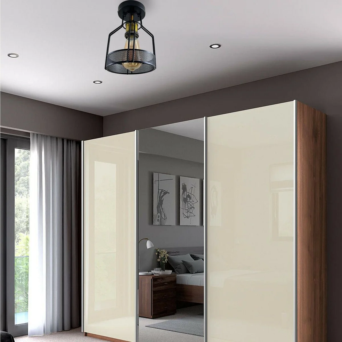 E27 indoor light in a black metal vintage cage, semi flush mount, includes lamp base and housing, ready for AC 110-240V.