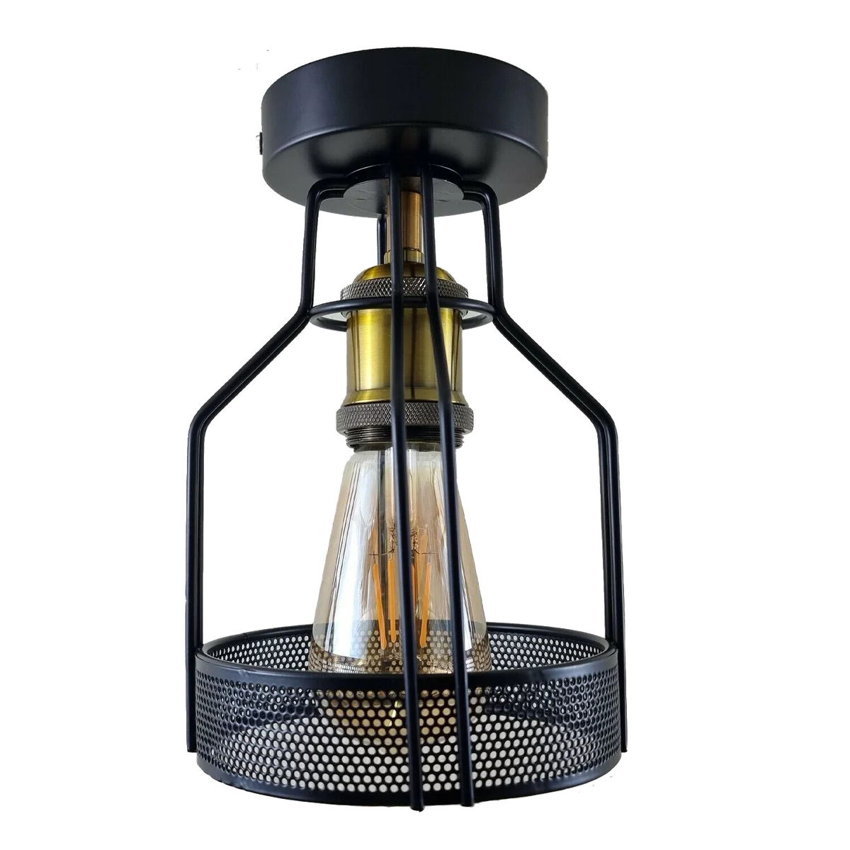 black metal cage ceiling lamp with E27 base, flush mount style, metal frame and matte finish suitable for indoor use