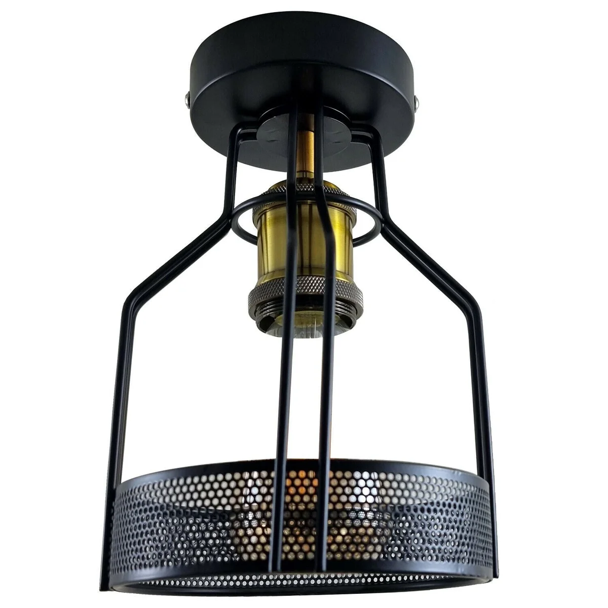 Black metal industrial ceiling light with semi‑flush cage and E27 base, featuring 10cm × 2.5cm shade opening.