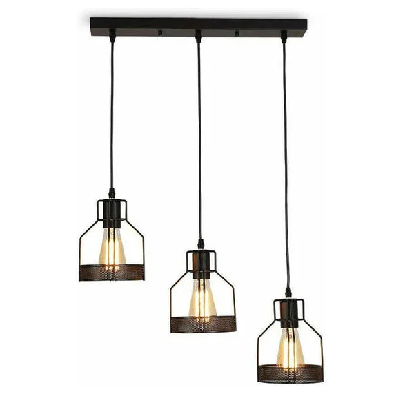 3-light pendant chandelier with matte black metal frame, tinted glass shades, hanging on 90cm PVC cable, industrial style.