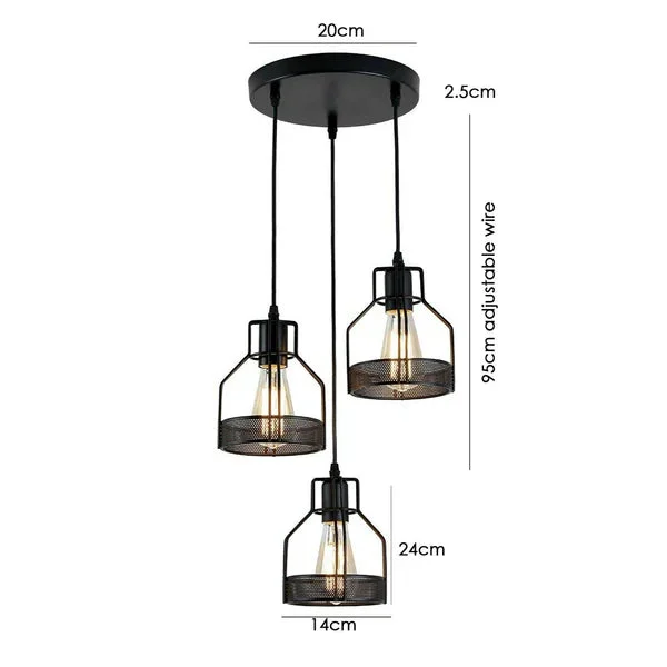 Three‑light black metal pendant chandelier with tinted glass shades, matte black metal frame, suspended by a 90 cm PVC cable.