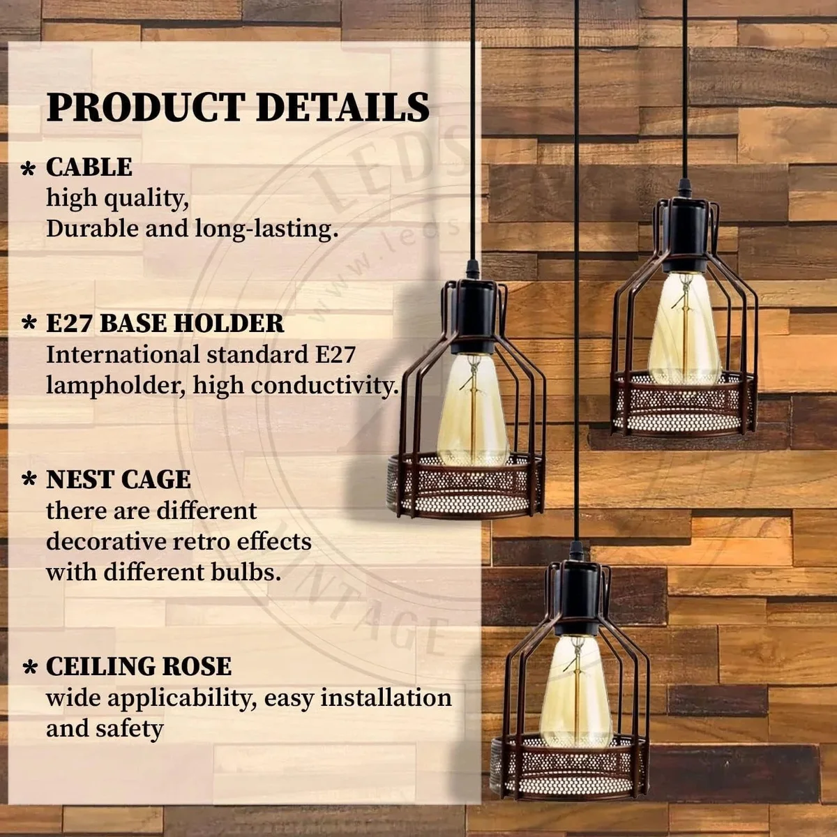 Three‑light pendant chandelier with matte black metal body, tinted glass shades and an E27 lamp base pendant hanging 90 cm