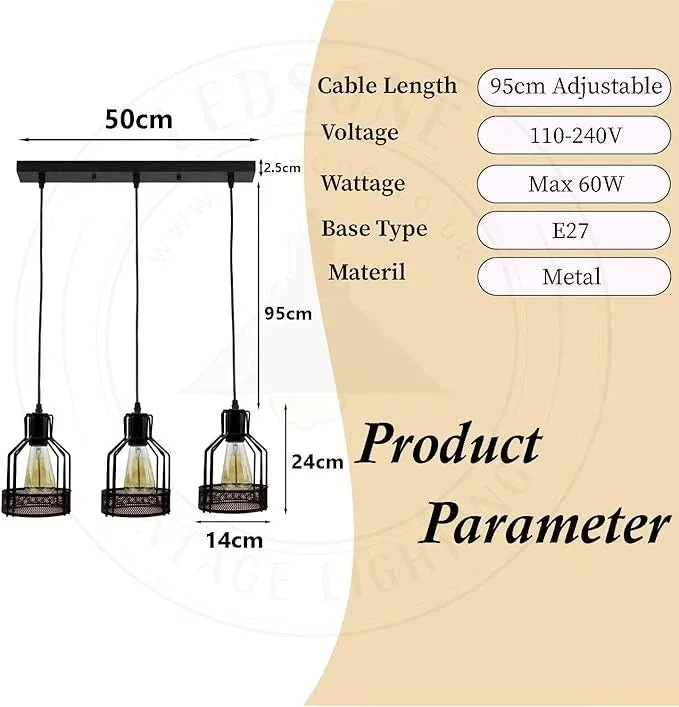vintage industrial pendant light with three matte black metal arms and tinted glass shades, hanging on a 90cm PVC cord