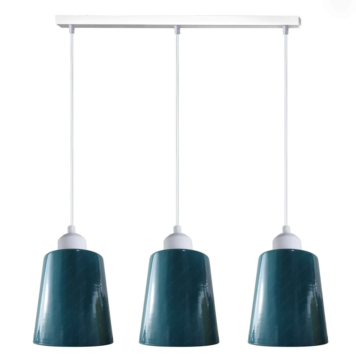 Modern pendant light with three high‑gloss metal shades on a white rectangular base, suspended by adjustable cables