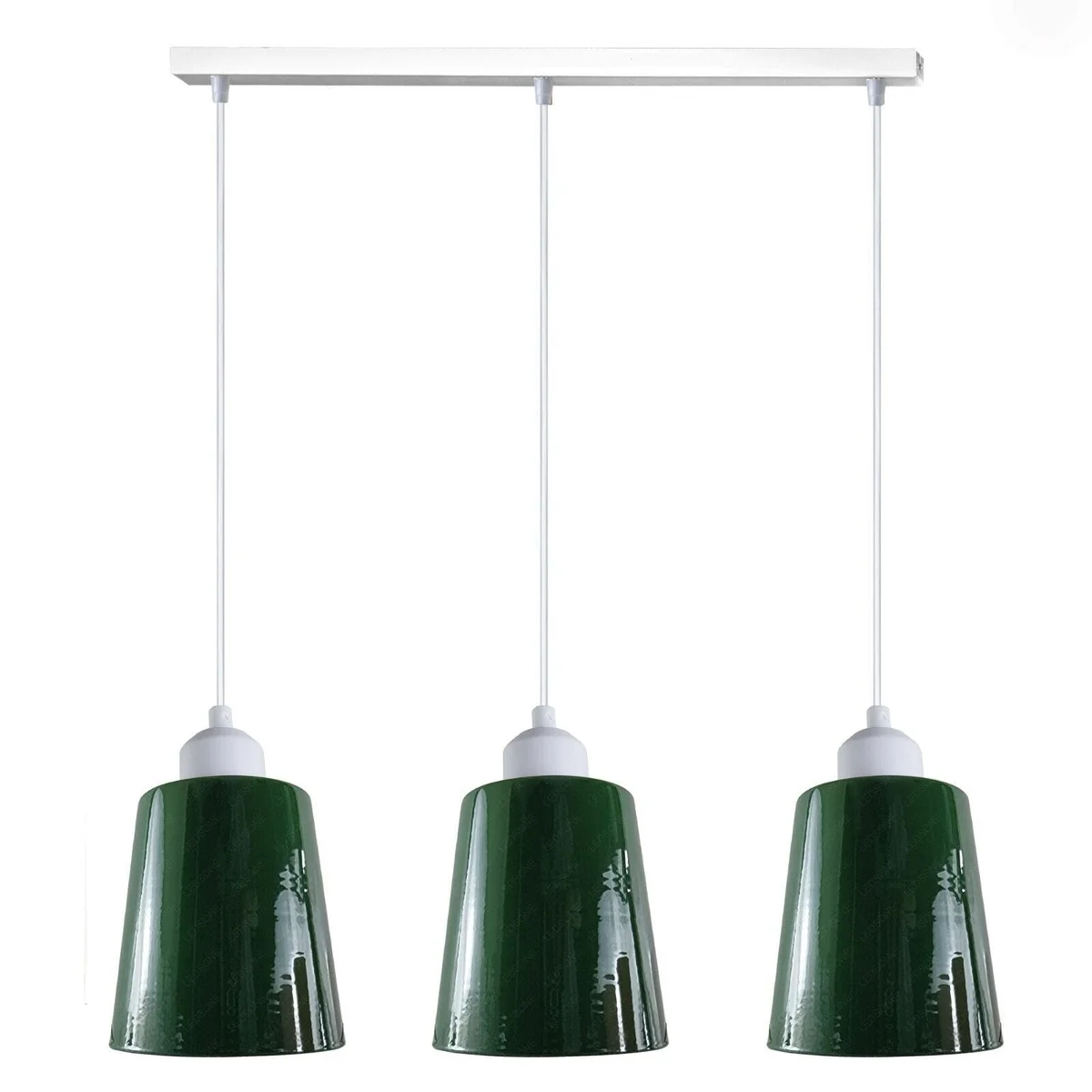 3 way pendant light featuring three glossy metal shades over a white rectangular base