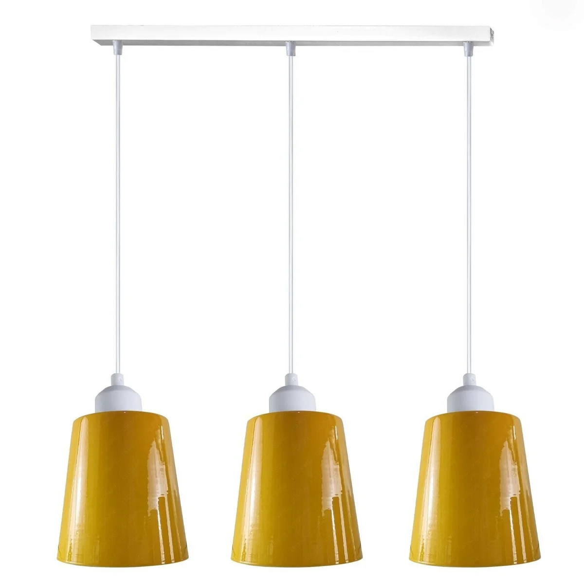White rectangular base with three glossy metal shades on adjustable cables, an adjustable pendant light