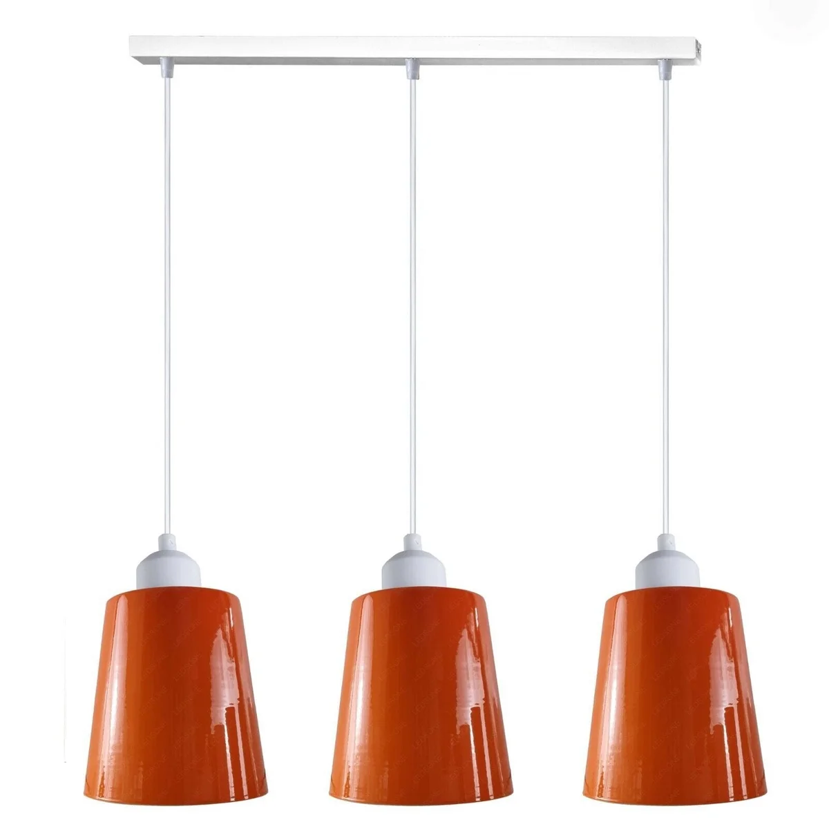 Three metal shades hang from a white 50 cm rectangular base with adjustable cables—an E27 pendant light with linear style.