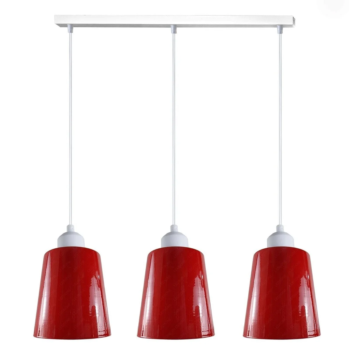 Three‑pendant metal pendant light on a 50cm white rectangular base with high‑gloss metal shades