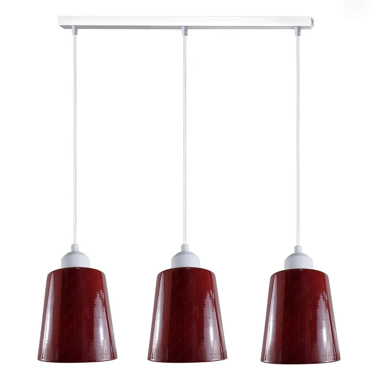 Modern pendant light with three high‑gloss metal shades on a white rectangular base, adjustable cables and E27 holders.