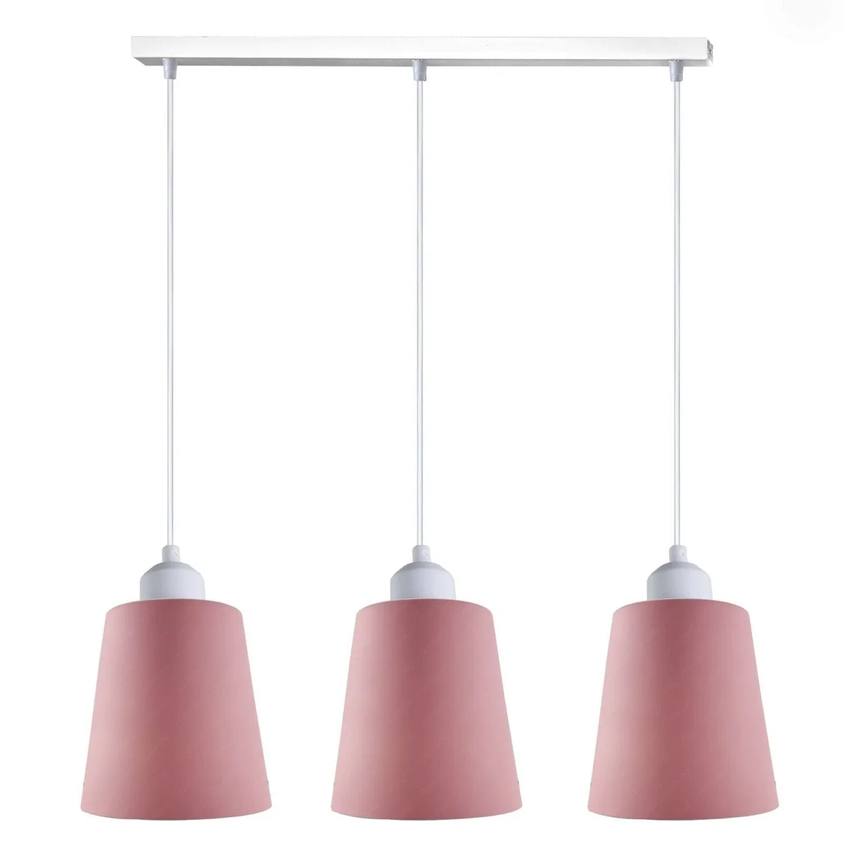 Modern pendant light with three high‑gloss metal shades on a white 50 cm rectangular base.
