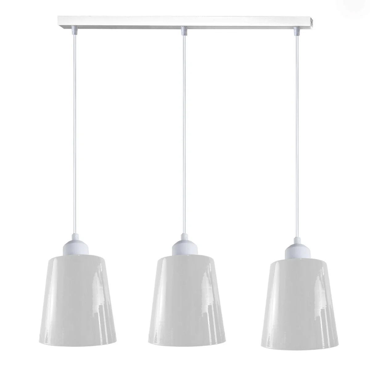 Modern pendant light with three glossy metal shades over a 50cm white rectangular base.