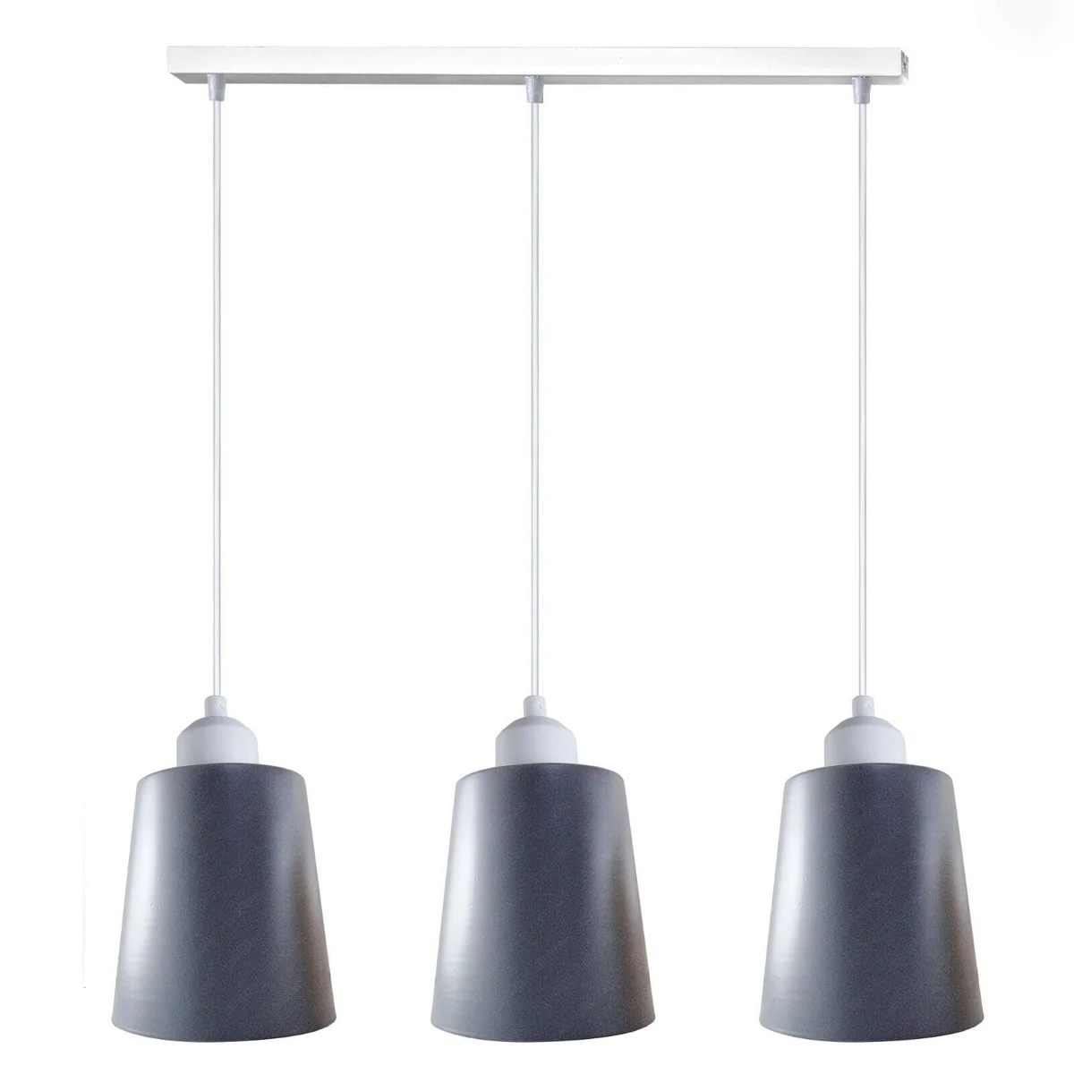 Modern pendant light with three glossy metal shades hanging from a sleek white rectangular base, adjustable cables.