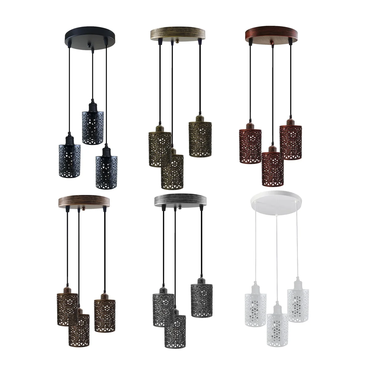 Industrial pendant lamp with three metal fixtures, vintage style, 13.5cm high metal shade, 95cm hanging cord for indoor use