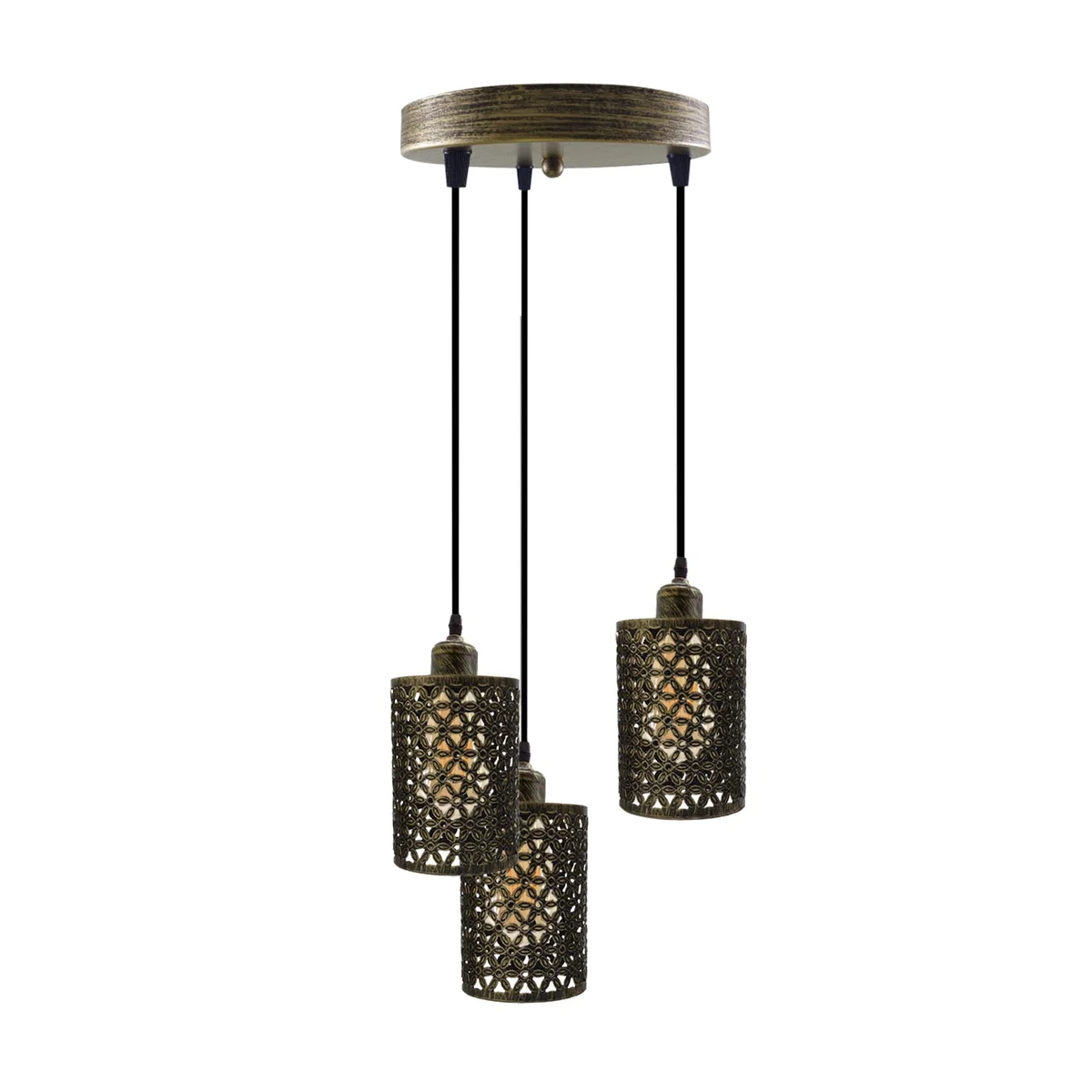Set of three retro metallic pendant lamps with PVC shade hanging from a ceiling pole, forming a vintage retro ceiling light.
