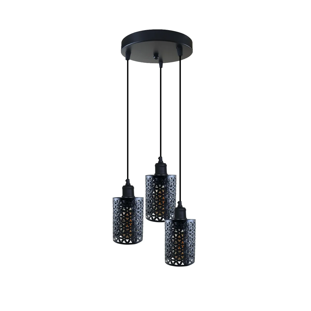 Metal pendant shade with three vintage round metal barrel lenses and adjustable 95cm cords, hanging at 20cm ceiling base