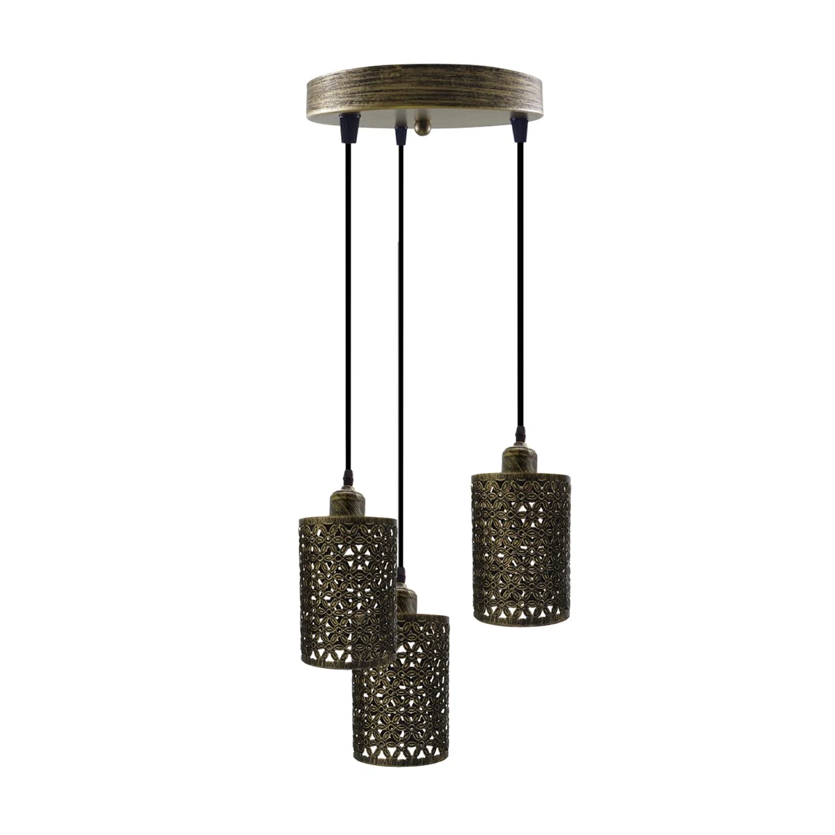 Industrial 3 head pendant light with metal barrel cages and PVC shade, hanging from ceiling with long adjustable cable