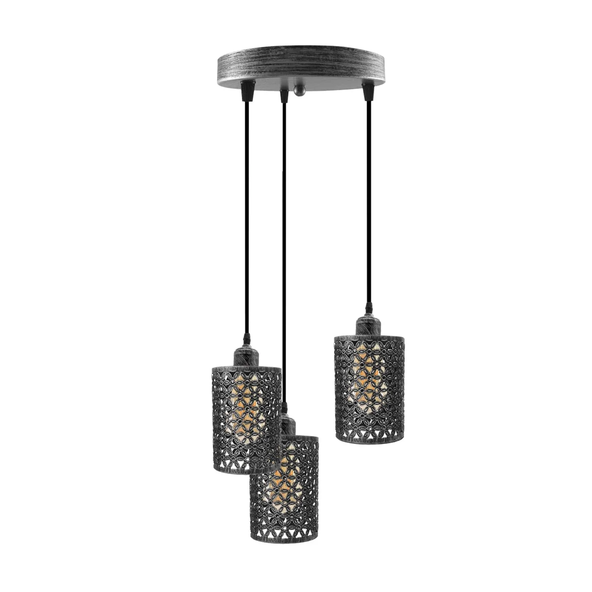 Metallic round 3 head pendant light with PVC shade, hanging from adjustable cable in a home setting.