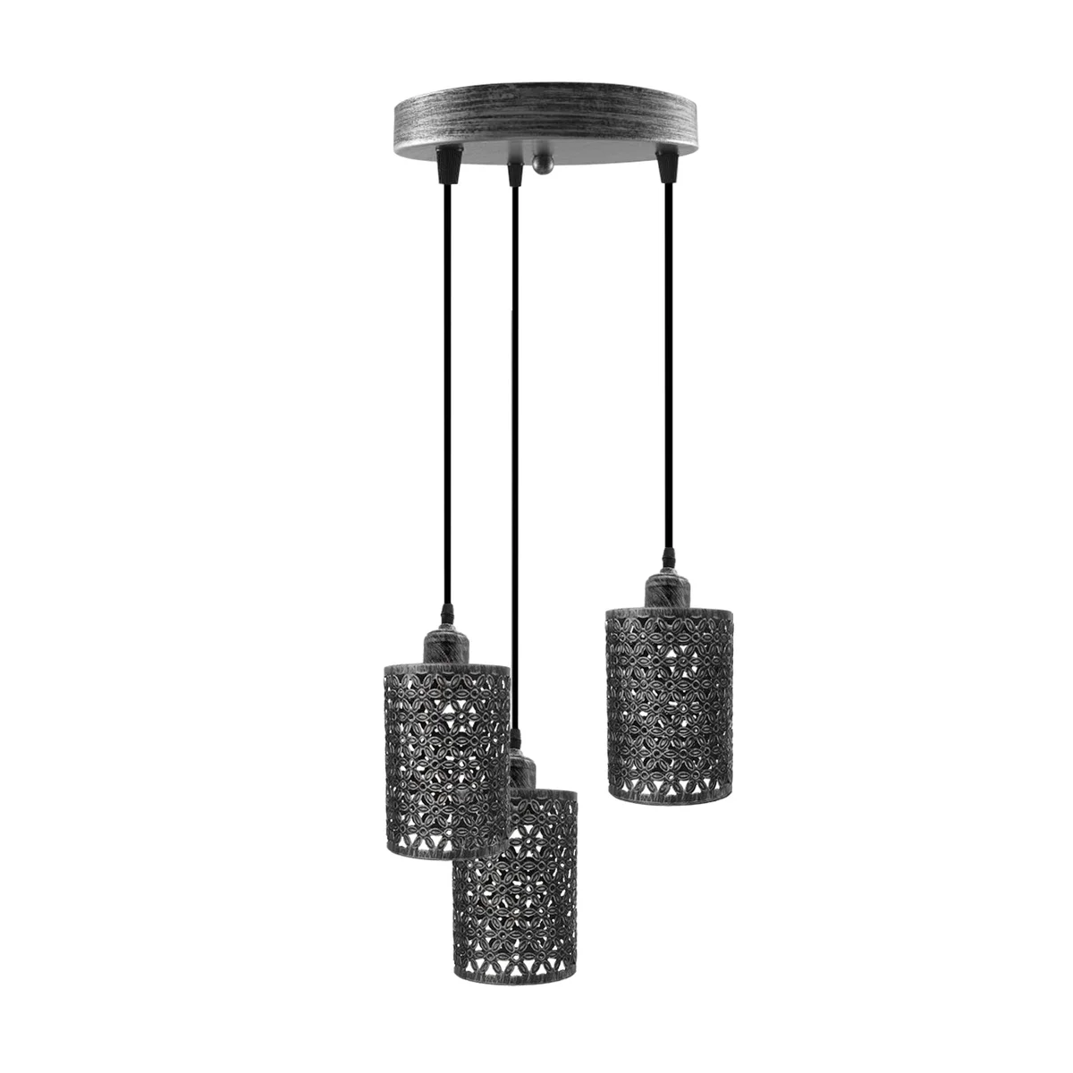 Vintage 3 head pendant light with metal cage, PVC shade 13.5cm high, 11cm wide, 95cm cable, dimmable indoor fixture.
