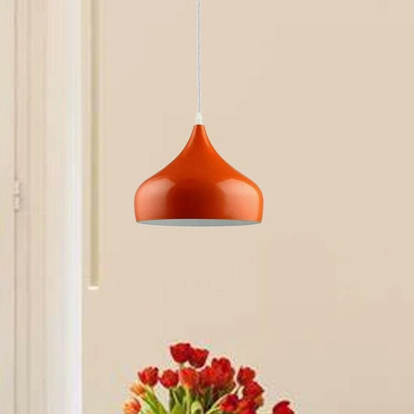 Orange industrial pendant light with black iron frame, 10cm ceiling rose, hanging 95cm cable