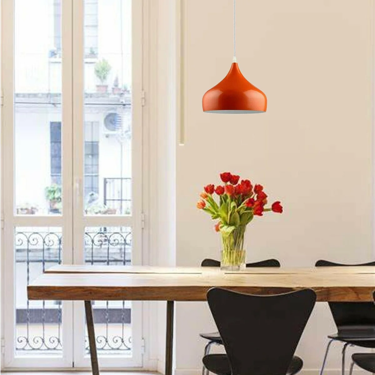 Black iron pendant with orange shade and 10‑cm ceiling rose, a retro ceiling lamp for modern loft or townhouse