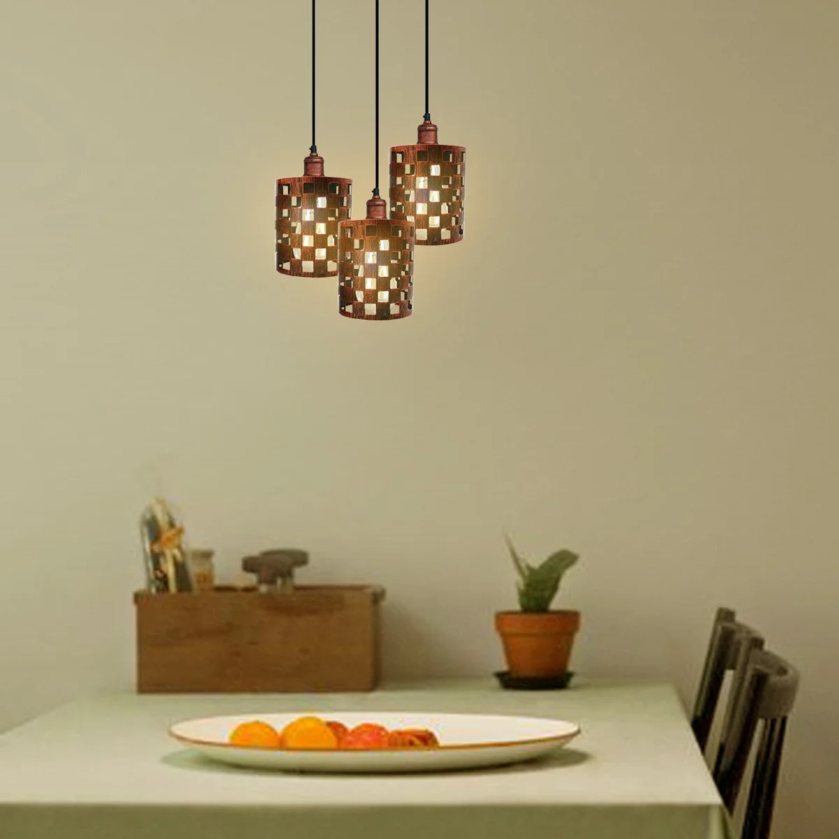 3 way pendant light with metal cage, rustic red shade, 20cm ceiling base, 95cm adjustable cord.