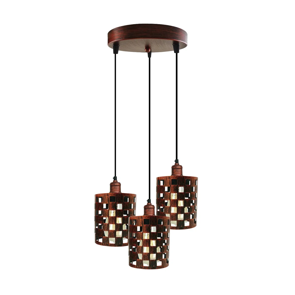 Industrial cage pendant lamp with three round metal cages at ceiling, adjustable 95cm cables, available in rustic red