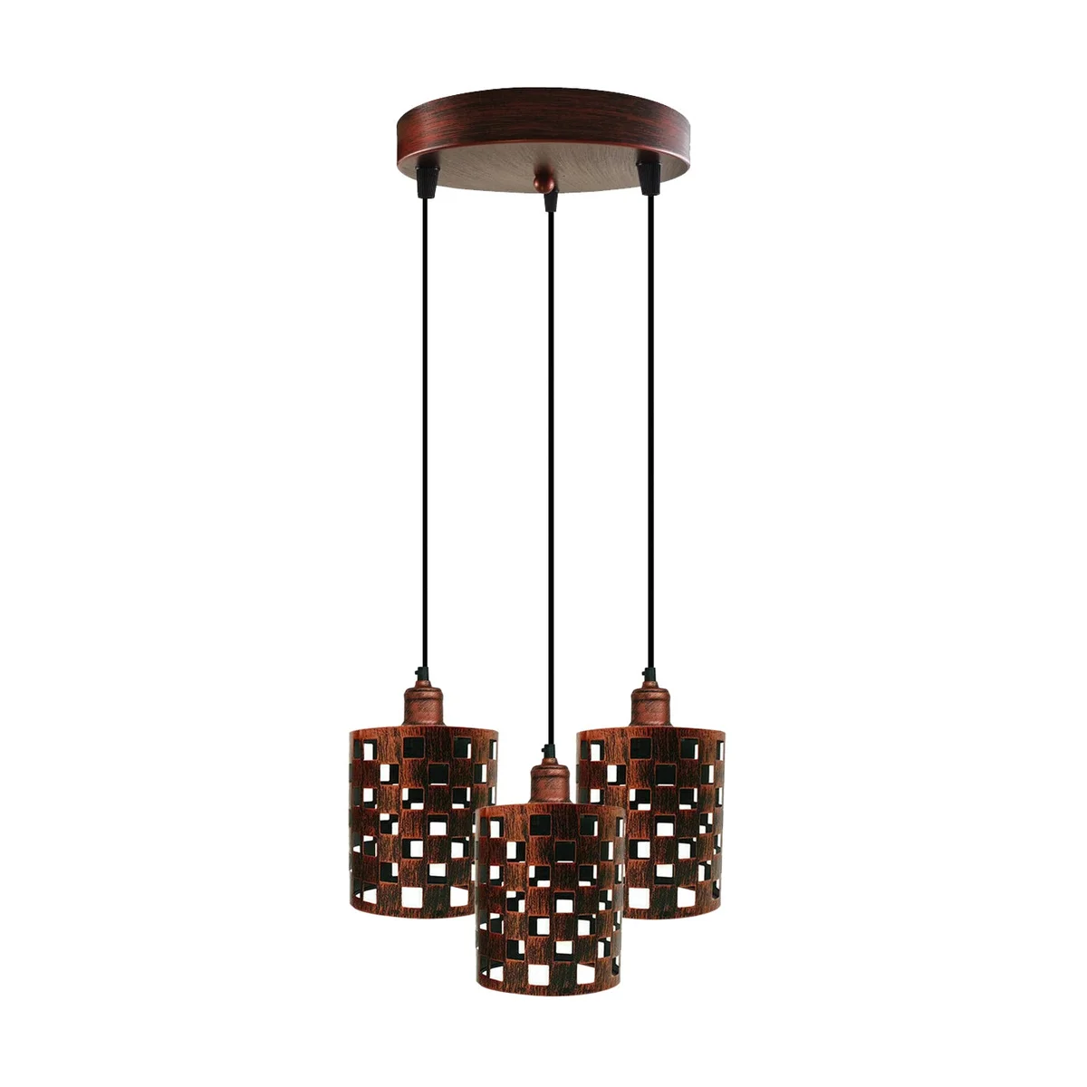 Adjustable cable pendant featuring a metal cage, brushed brass finish, three E27 sockets, vintage round shade.