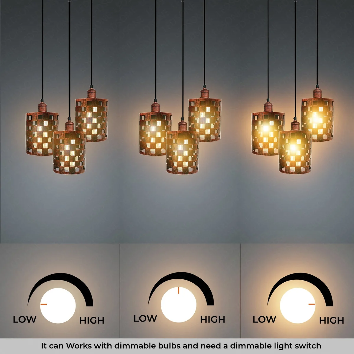 vintage pendant light with metal cage, 13.5cm round shade, brushed brass finish, 3 E27 bulbs hanging from ceiling