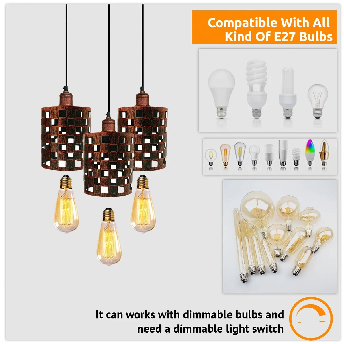 Three‑head metallic vintage pendant light on a 20cm base, rustic red cage with 95cm adjustable cord.