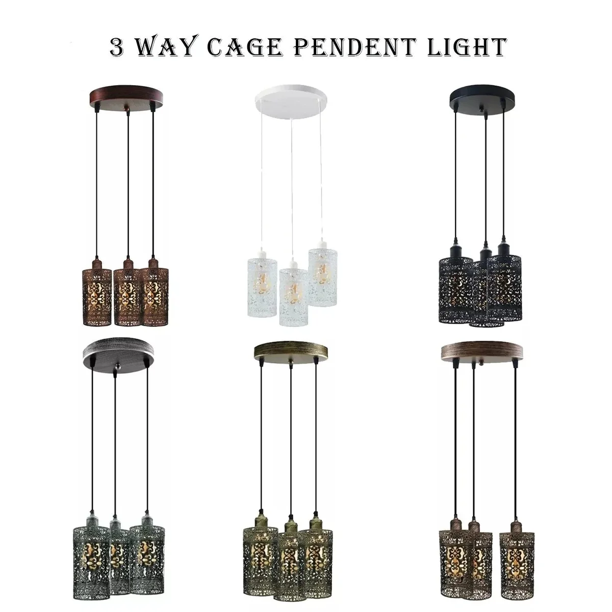 retro ceiling light with three metal barrel cages in brushed brass, hung by adjustable cable.