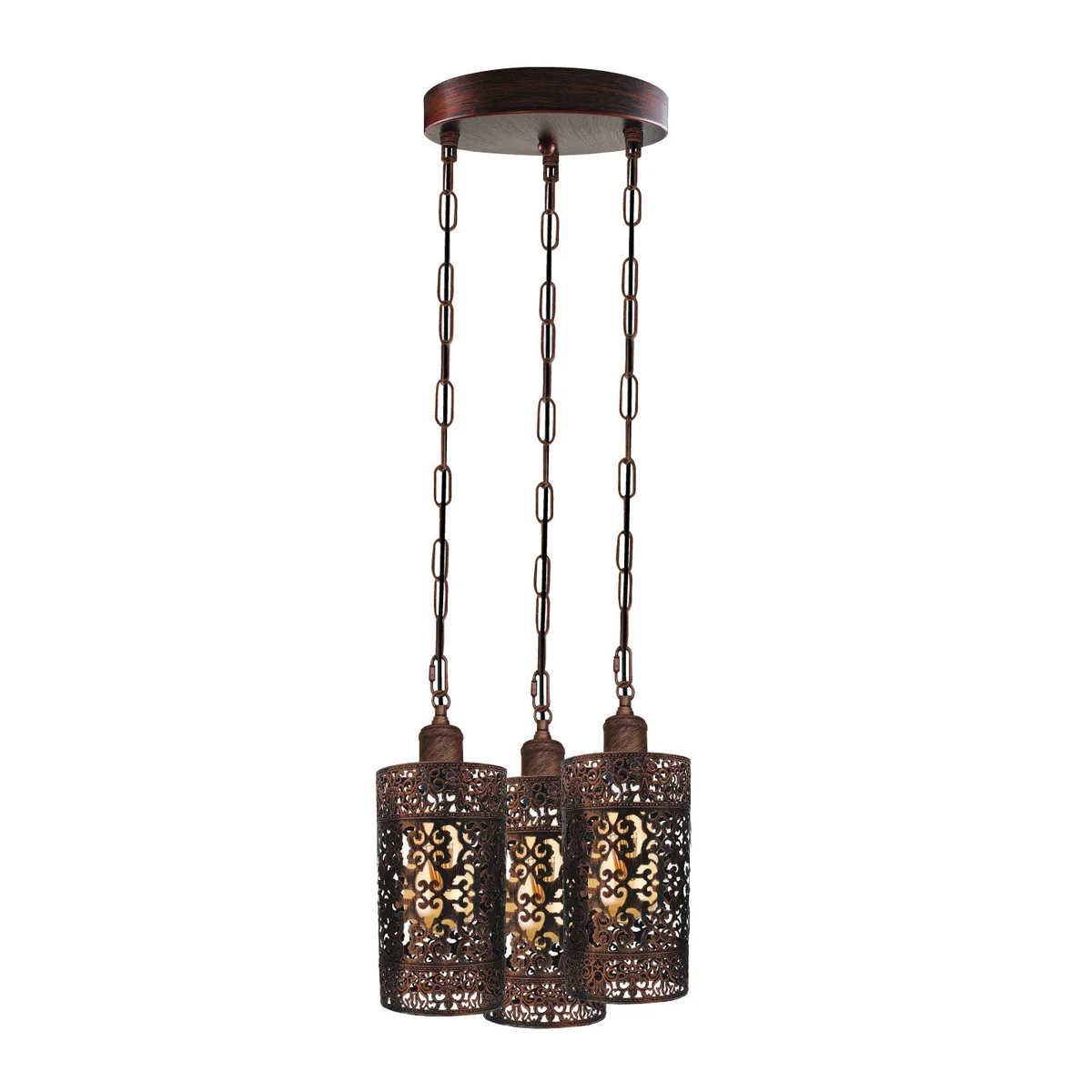 Metal cage pendant with three retro-style heads in stainless metal and PVC, hanging from adjustable chain, rustic red finish