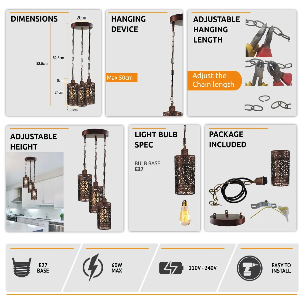 Retro 3‑head sterling copper E27 bulb ceiling light with adjustable metal barrel cages and hanging chain