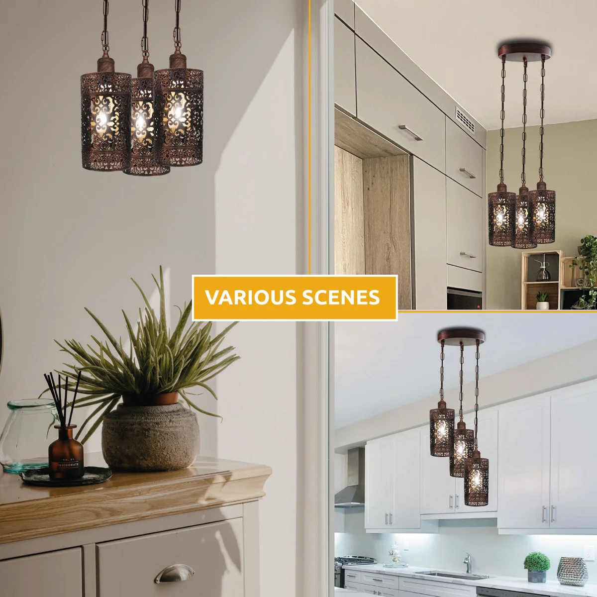 3 head pendant light with metal barrel cages, adjustable 95cm cables, in rustic red