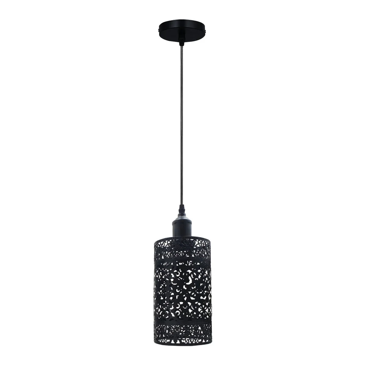 Black metal vintage pendant lighting set with cage design, tall shade hanging from ceiling, featuring dimmable E27 holder.