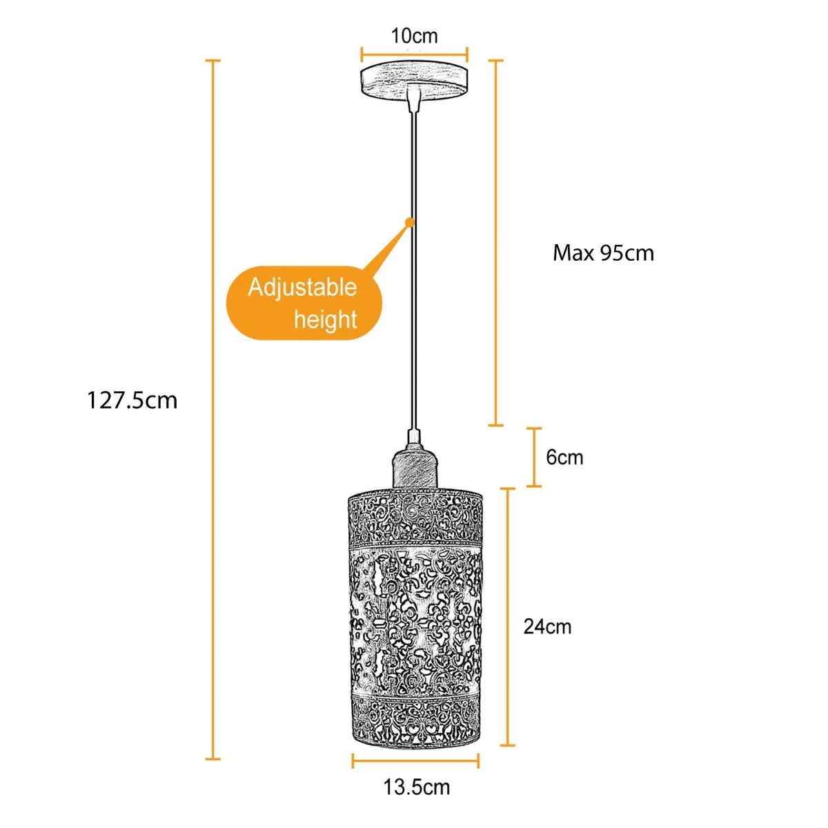 Industrial ceiling light with black metal cage, vintage pendant style, adjustable 95cm cable, 24cm lampshade, 3‑core wired