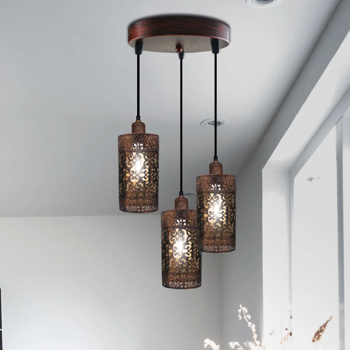 Rustic red metal barrel cage 3 head pendant light with three E27 sockets, adjustable 95cm cable, indoor ceiling fixture
