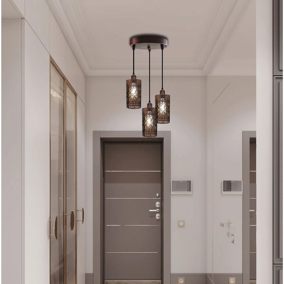 Vintage ceiling light with 3 metal barrel cages in rustic red, hanging from ceiling on adjustable cable.