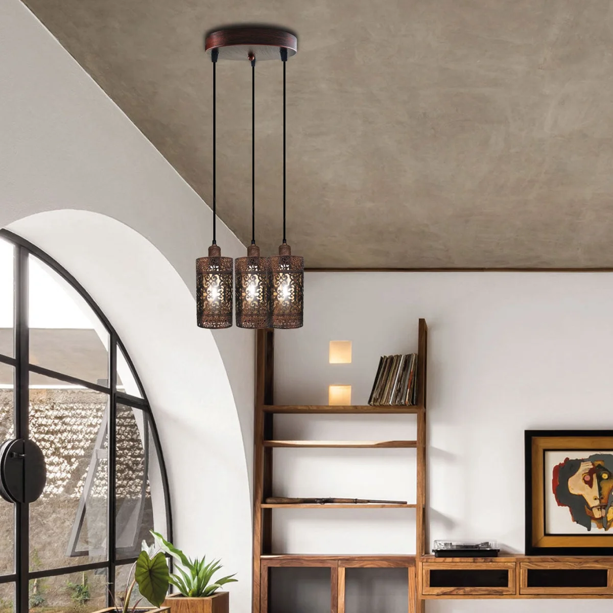 Metal barrel cage 3‑head adjustable pendant lamp in red, vintage style.